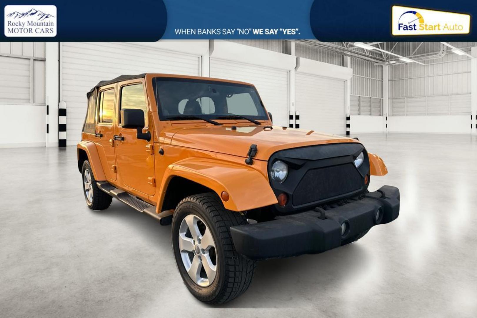 2012 Yellow Jeep Wrangler Unlimited Sahara 4WD (1C4BJWEG3CL) with an 3.6L V6 DOHC 24V FFV engine, Automatic, 5-Spd transmission, located at 7755 State Street, Midvale, UT, 84047, (801) 753-9063, 40.610329, -111.890656 - Photo#0